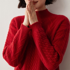 秋冬新款半高领山羊绒衫女全身扭花加厚宽松毛衣羊毛针织打底衫，女装羊绒衫，蒂暖羊绒