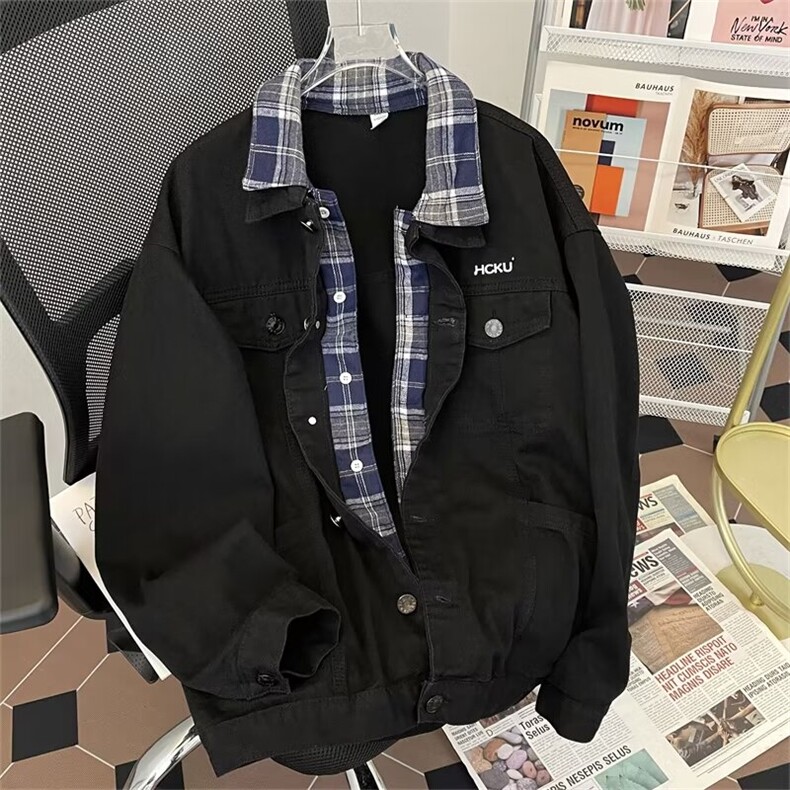 春秋设计感小众拼接假两件牛仔外套男休闲百搭工装夹克上衣-JK676,男装夹克,星座601-2
