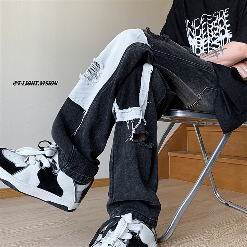 B221 美式ins高街小众个性拼接宽松破洞牛仔裤 LK23099-P65 控88图片