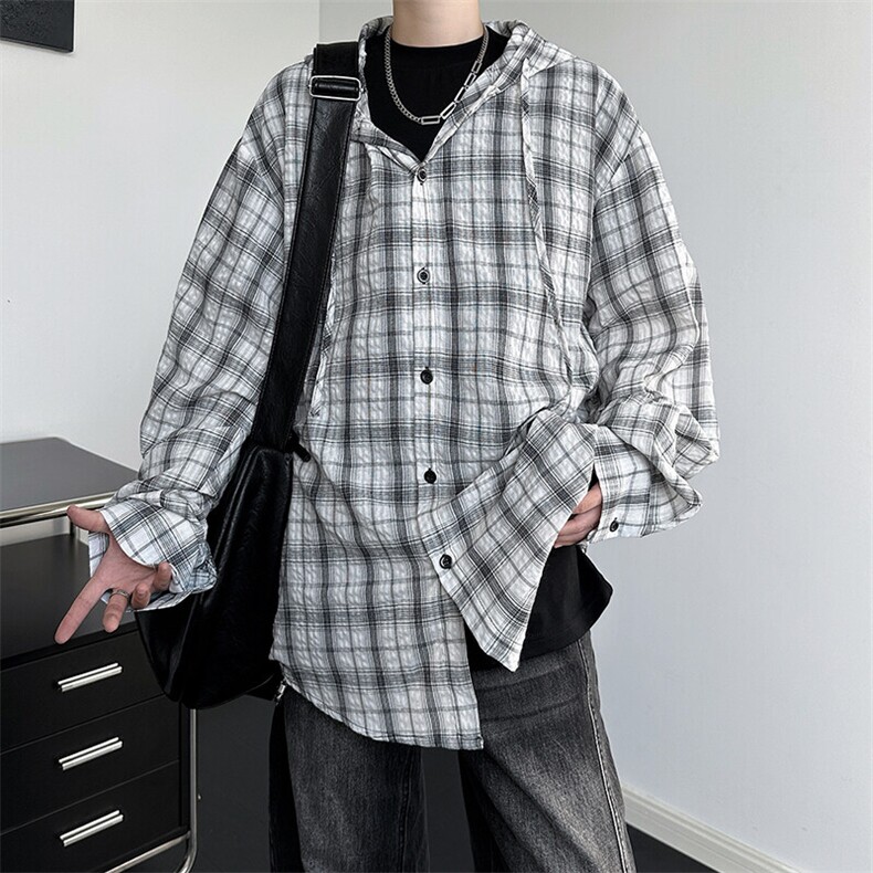 廓形防晒衬衫男夏季长袖冰丝薄款亚麻格子衬衣开衫外套CS29006P50图片