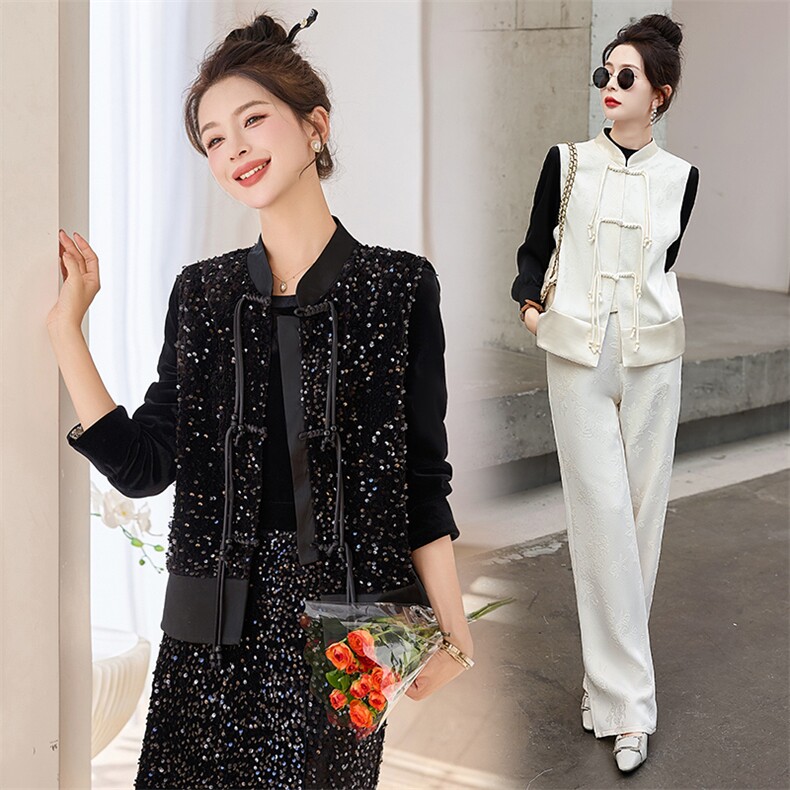 现货新中式女装春夏季新款拼接休闲百搭通列时尚盘扣复古马甲，女装马甲，韩美纤衣