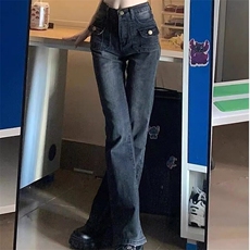 复古蓝喇叭裤女装初中学生紧身秋季高腰加绒加厚微喇女孩牛仔裤，男装牛仔裤，星座506A