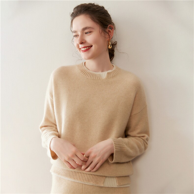 洋气假两件~软糯显瘦山羊绒衫2025秋冬新款圆领女毛衣针织羊毛衫，女装休闲裤，绒盛美羊绒