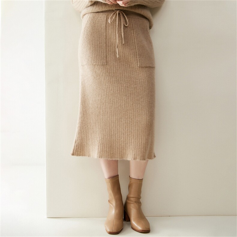 气场十足~秋冬山羊绒半身裙女士高腰长裙垂感软糯宽松带兜包臀裙，女装半身裙，纳丰羊绒