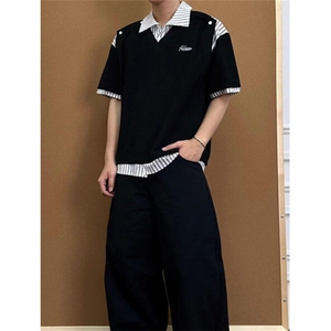 条纹拼接假两件翻领Polo衫男女日系复古学院风宽松短袖T袖 T507图片
