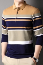 AG2508钱塘2020-3中年男士长袖t桖条纹休闲翻领春装上衣P63，男装T恤，钱塘207-3
