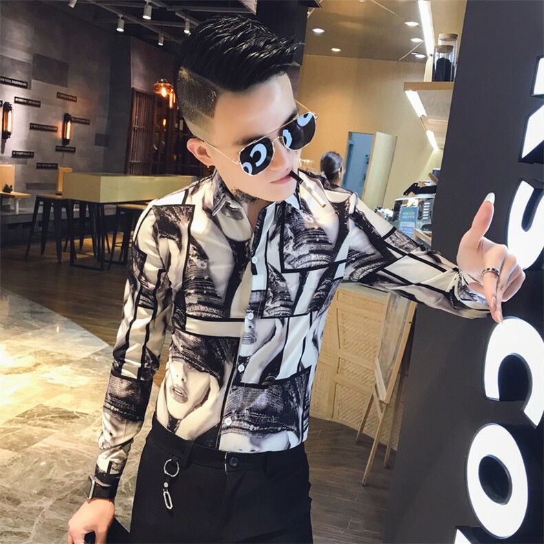 312A-810-P50新款人物印花修身衬衫夜店社会小伙发型师衬衣-1,男装衬衫,星座312A