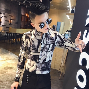 312A-810-P50 新款人物印花修身衬衫夜店社会小伙发型师衬衣-1图片