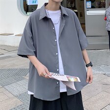 新款韩版宽松百搭休闲上衣纯色五分袖衬衣2023夏季W3081-P23，男装衬衫，星座512-2