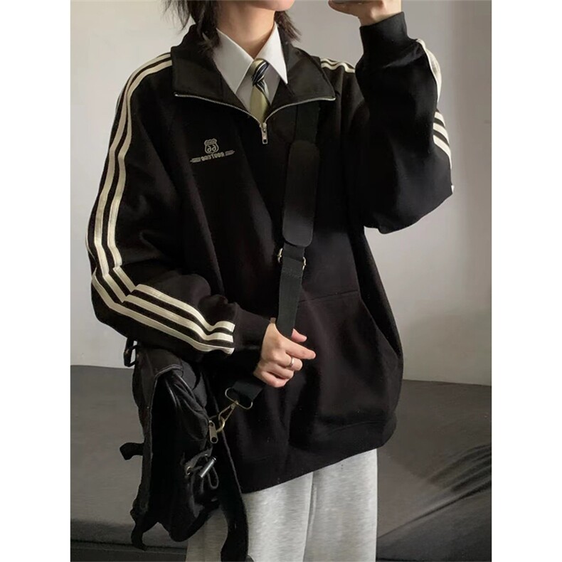 抖音得物 美式全棉三条杠立领卫衣半拉链外套 印花卫衣 A2902图片