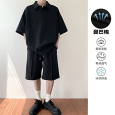 特批P65无差价夏季港风重磅曼巴棉拼接亨利领短袖短裤男TZ5147，男装休闲套装，电商A001