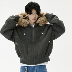 现货重磅boxy短款棉衣座山雕大毛毛领男女棉服水洗工装厚外套，男装棉衣，电商A443
