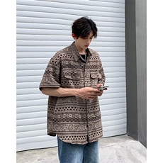 夏威夷提花古巴领短袖衬衫男女户外夏季度假痞帅花衬衣CJ13，男装衬衫，星座1116A-1（原606A）