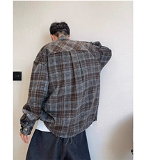 春季美式复古蓝咖色呢子格纹长袖厚衬衫男款慵懒休闲百搭衬衣外套，男装衬衫，星座506A