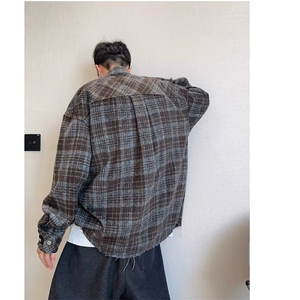 春季美式复古蓝咖色呢子格纹长袖厚衬衫男款慵懒休闲百搭衬衣外套图片