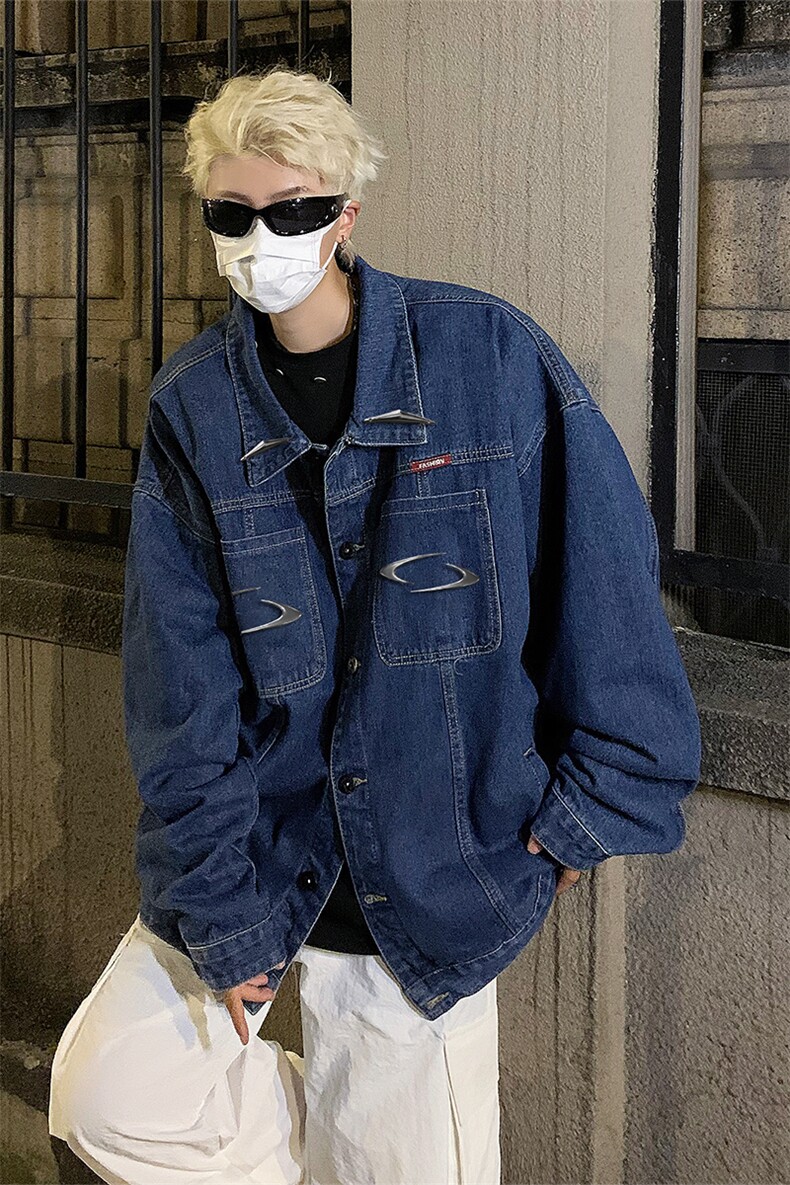 男装牛仔外套2026秋季几何绣标印花男生翻领夹克XZ514-2-N98-P88,男装工装外套,星座514-2(原B239)