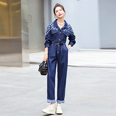 牛仔工装连体裤女2025春秋新款拼接格子高级感时尚流行连衣裤，女装连体裤，E百度