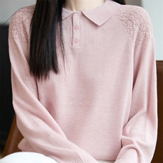 春秋新款翻领精纺羊毛衫女镂空钩花宽松显瘦长袖上衣简约针织打底，女装针织衫/毛衣，唐诺
