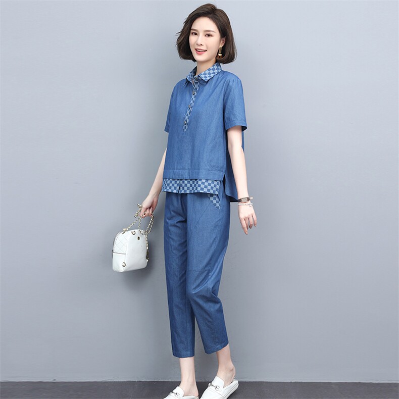 休闲妈妈洋气套装2022夏新款大码牛仔上衣裤子两件套,女装套装/套裙,忆绮罗