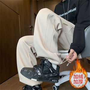 加绒冬款男卫裤条纹拼接抽绳束脚休闲保暖长裤H4523 P45图片