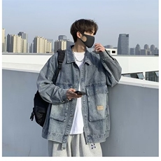 新款复古翻领水洗做旧牛仔夹克休闲宽松落肩男生外套，男装夹克，星座410-7