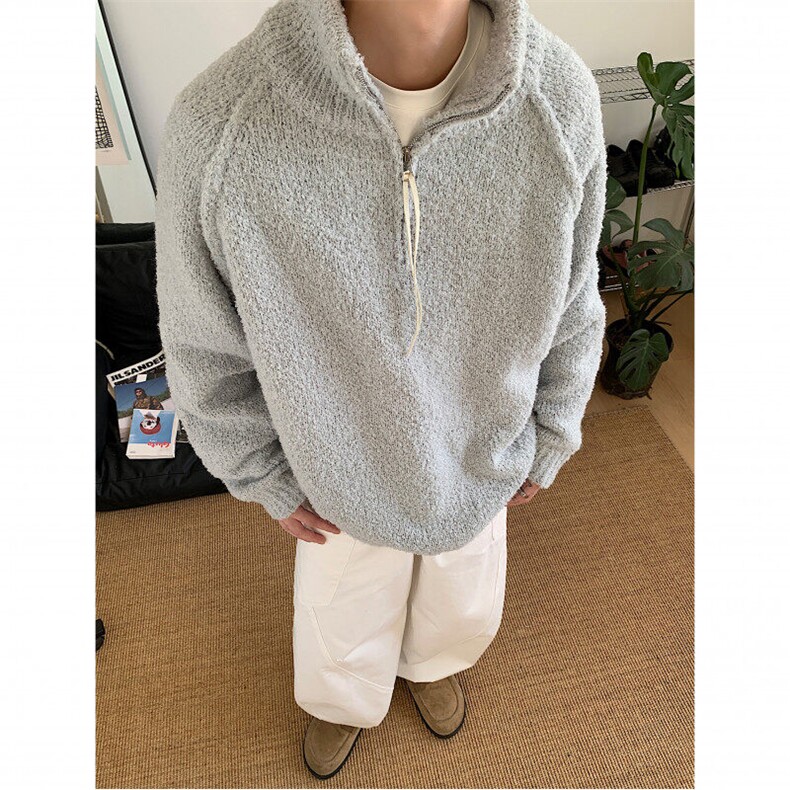 濮院毛衣浅灰美式复古拉链立领针织衫秋冬季新款设计感男装G63P70,男装针织衫/毛衣,电商D256