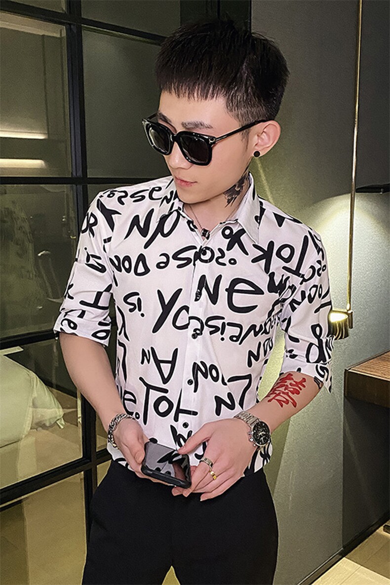 312A-118-P55新款社会小伙中袖衬衫韩版潮流男士五分袖衬衣C,男装T恤,星座312A-5