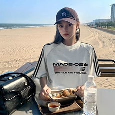 抖音得物品质二开240克宽松纯棉美式潮牌印花三条杠中性风短袖T恤，男装T恤，电商A486-1