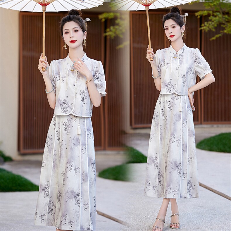 新中式国风旗袍套装裙女2025夏季新款广州十三行碎花连衣裙两件套,女装套装/套裙,奕薇雅