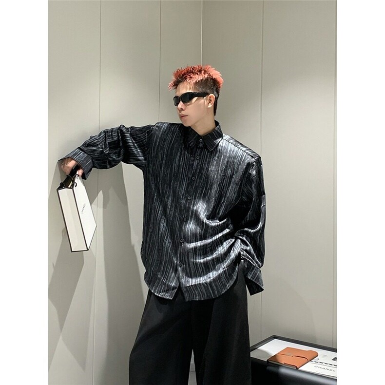 2025春潮牌设计感衬衫男士翻领条纹时尚简约痞帅宽松黑色衬衣外套图片