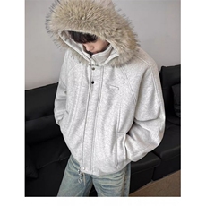 美式复古潮流毛领连帽棉衣男女情侣款冬季加厚保暖呢子棉衣服外套，男装棉衣，星座506A