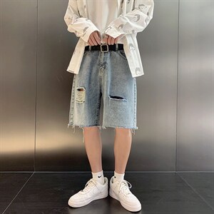 破洞牛仔短裤男ins夏季港风潮牌宽松毛边五分裤潮流马裤D6685-P35，男装牛仔裤，星座1008-2