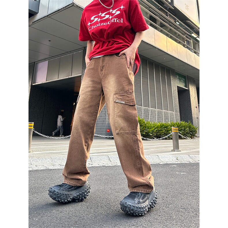 美式高街vibe风直筒长裤欧美痞帅男hiphop复古水洗拼接工装牛仔裤图片