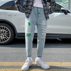秋季新款破洞牛仔裤男小脚长裤韩版潮流痞帅休闲九分裤子7108-P40，男装牛仔裤，电商A318
