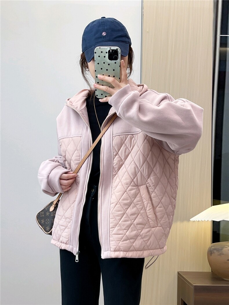 2025冬装新款修身保暖时尚菱形格个性拼接女士棉服外套,女装棉衣/棉服,江忆布依