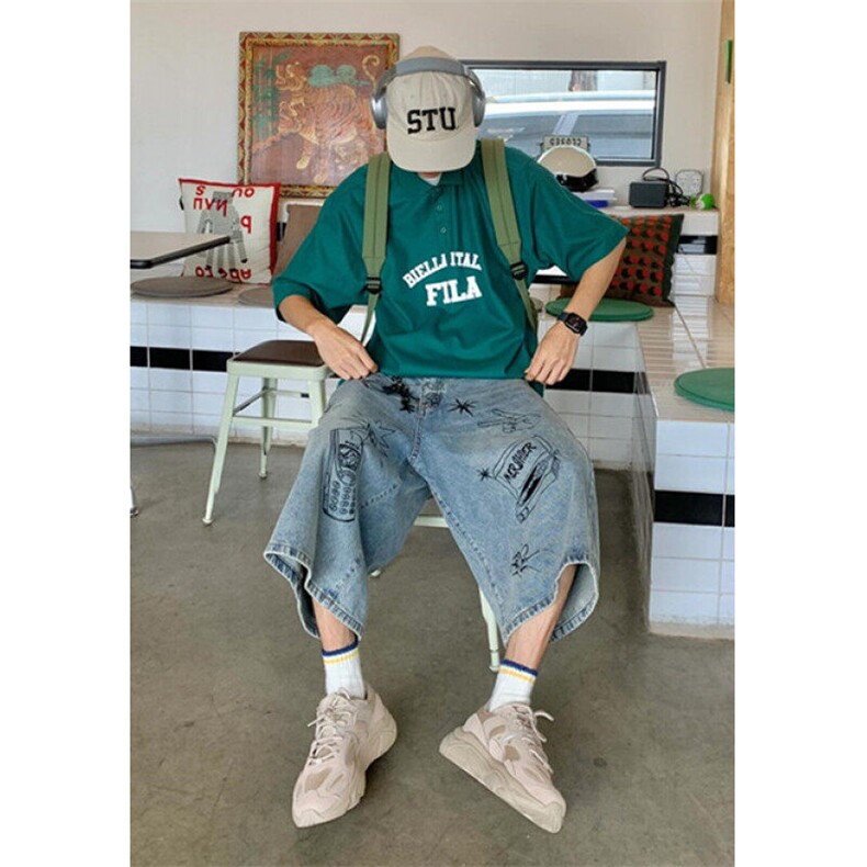 夏季美式复古涂鸦七分牛仔裤街头潮流高腰阔腿短裤 NK992图片