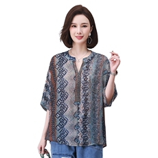 时尚宽松印花镶钻短袖上衣优雅显瘦百搭女衫，女装衬衫，叶笙衣