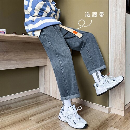 送腰带~直筒牛仔裤男直筒阔腿长裤ins宽松九分裤子 A080-9258-P35图片