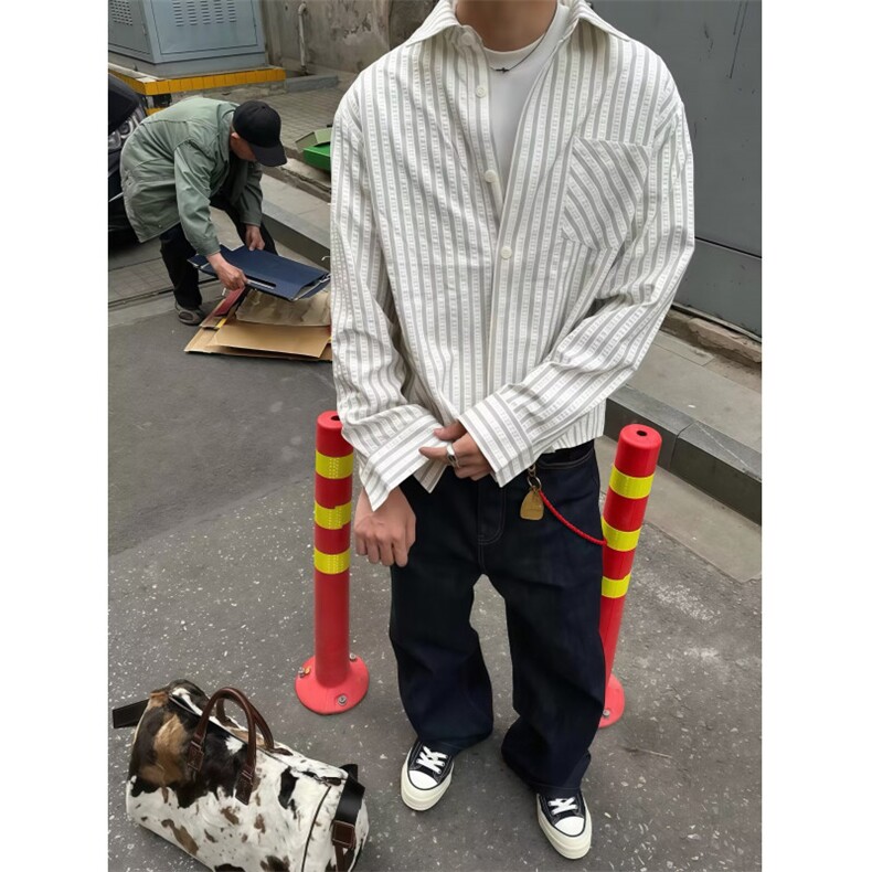 条纹衬衫外套男潮流痞帅宽松休闲少年感简约长袖衬衣WLCS911-P40,男装衬衫,星座1008