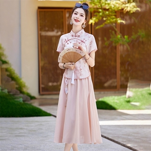 新中式改良旗袍套装连衣裙女2025夏季新款印花汉服禅意两件套裙子图片