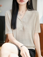纽花针织T恤纯色纽扣短袖，女装T恤，枫宸羊绒