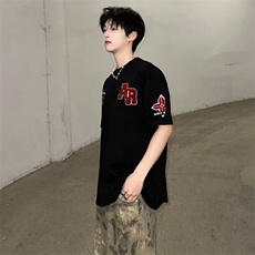 万针全刺绣工艺抖音得物高品质260克重磅纯棉双纱美式高街短袖T恤，男装T恤，电商A486