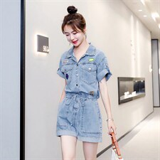 2021夏季新款简约潮流时尚宽松腰部系带收腰单排扣门襟牛仔连体裤，女装连体裤，秋水欣儿