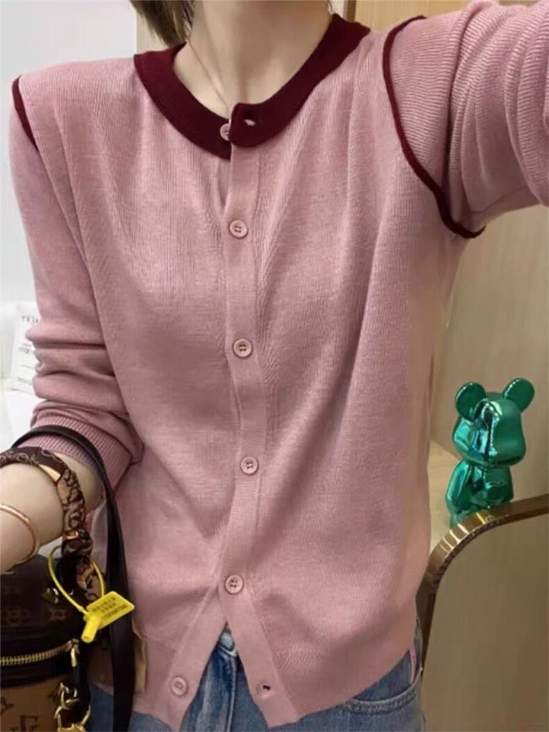 春季新款简约百搭时尚拼色针织开衫长袖,针织衫/毛衣,百纯羊绒