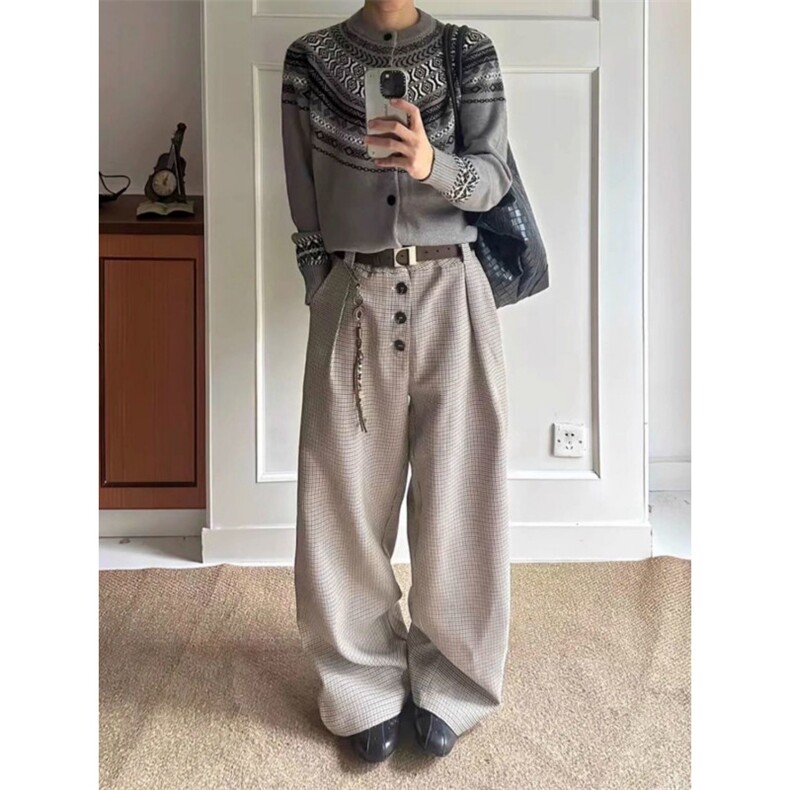 式复古千鸟格西装裤男女款秋季潮牌宽松休闲百搭直筒阔腿长裤子,男装西服套装,四季星座505