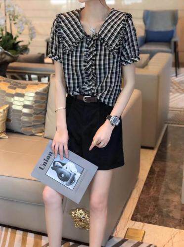 夏季娃娃领黑白格衬衫，女装衬衫，斐媞梦 FTM