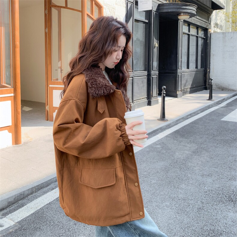 现货新款翻领时尚洋气加绒加厚鹿皮绒外套棉服上衣女,女装棉衣/棉服,韩然一族