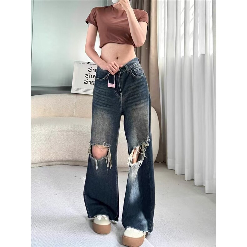 美式复古破洞牛仔裤女2025夏季小众高腰显瘦宽松直筒阔腿拖地裤子,男装牛仔裤,星座506A