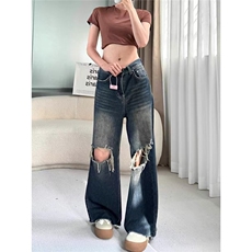 美式复古破洞牛仔裤女2025夏季小众高腰显瘦宽松直筒阔腿拖地裤子，男装牛仔裤，星座506A