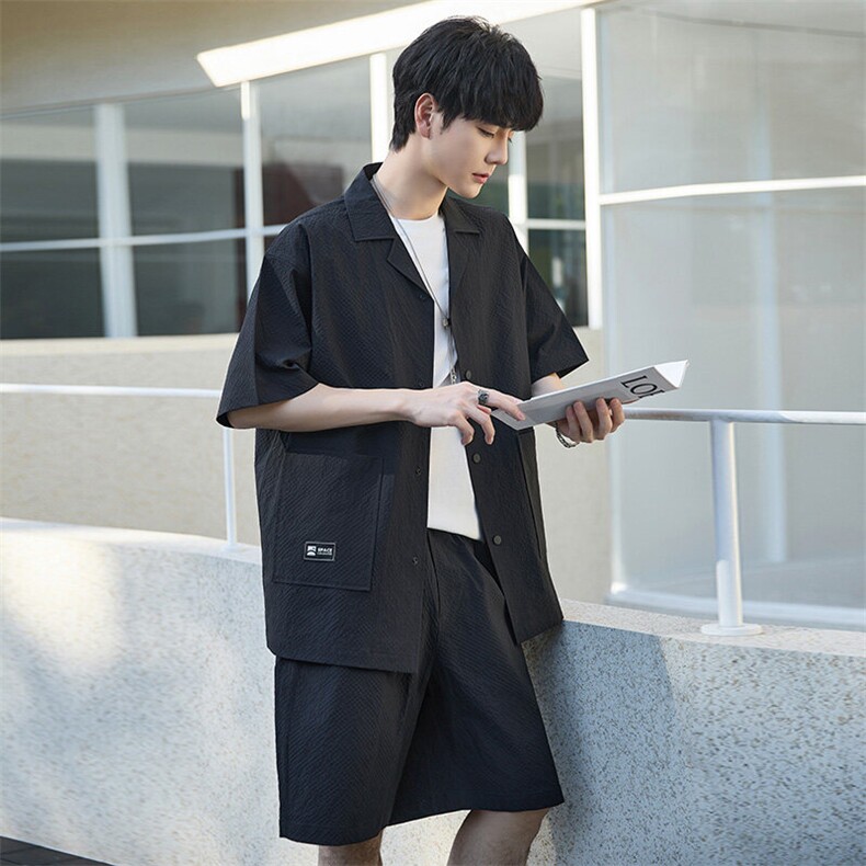 夏泡泡纱套装男士宽松休闲上衣透气短袖衬衫薄款外套YP2503-P105，男装休闲套装，电商A355（原A415）